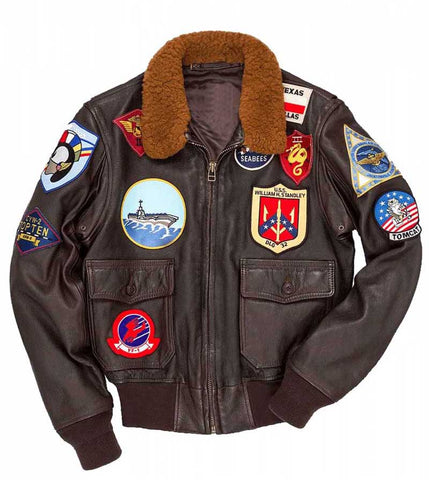 Top Gun Tom Cruise Bomber Leather Jacket in Brown with Fur