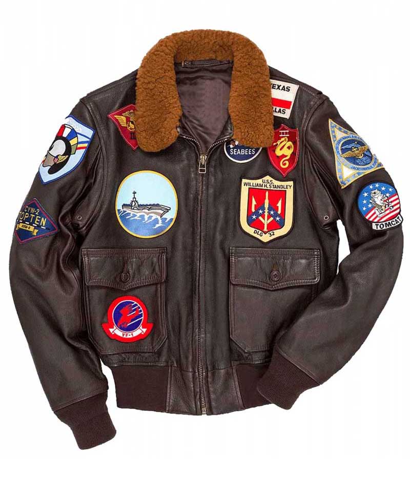 Top Gun Tom Cruise Bomber Leather Jacket in Brown with Fur