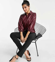 Load image into Gallery viewer, unique design womens maroon full sleeve leather shirt
