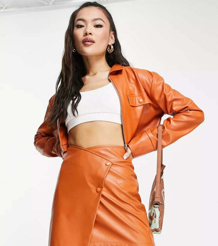 unique design womens orange full sleeve leather shirt