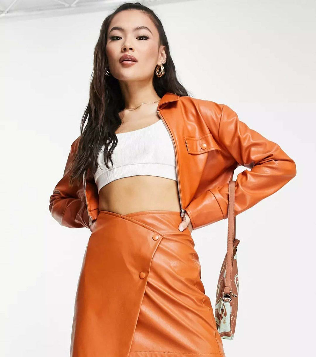 unique design womens orange full sleeve leather shirt