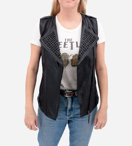 Black Studded Leather Vest for Women