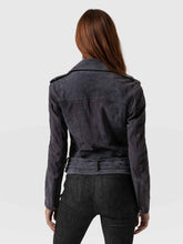 Load image into Gallery viewer, unique womens matte black biker suede leather jacket
