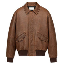 Load image into Gallery viewer, Men's Brown Real Leather Bomber Jacket with Ribbed Collar in Vintage Aviator Style
