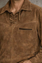 Load image into Gallery viewer, Men's Vintage Brown Suede Leather Shirt with Lace Up Front in 70s Cowboy Boho Style
