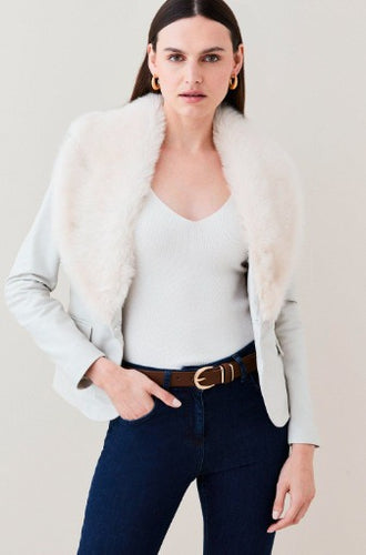 White Fur Leather Blazer for Women