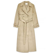 Load image into Gallery viewer, Women Beige Suede Leather Trench Coat with Belted Longline Style
