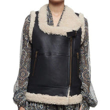 Load image into Gallery viewer, Women Black Shearling Biker Leather Vest
