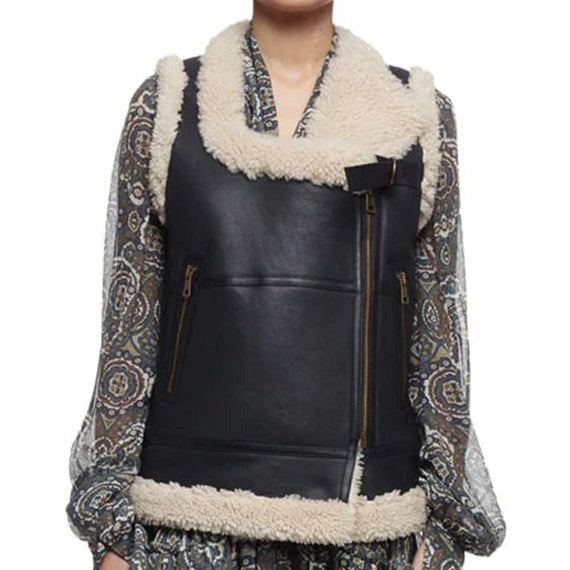 Women Black Shearling Biker Leather Vest