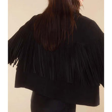 Load image into Gallery viewer, Women Black Suede Leather Fringe Jacket with Boho Biker Style
