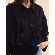 Load image into Gallery viewer, Women Black Suede Leather Fringe Jacket with Boho Biker Style
