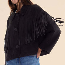 Load image into Gallery viewer, Women Black Suede Leather Fringe Jacket with Boho Biker Style
