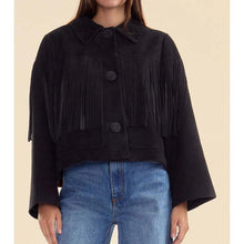 Load image into Gallery viewer, Women Black Suede Leather Fringe Jacket with Boho Biker Style
