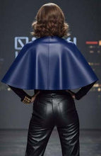 Load image into Gallery viewer, Women Blue Real Leather Cape Top In Modern Poncho Style With Structured Silhouette
