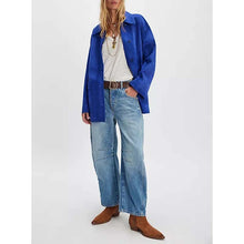 Load image into Gallery viewer, Women Blue Suede Leather Jacket with Casual Button Front Style
