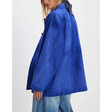 Load image into Gallery viewer, Women Blue Suede Leather Jacket with Casual Button Front Style

