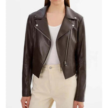 Load image into Gallery viewer, Women Brown Lambskin Leather Cropped Biker Jacket with Asymmetrical Zip
