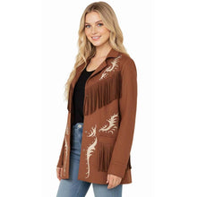 Load image into Gallery viewer, Women Brown Suede Western Jacket With Fringe in Handmade Embroidered Moto Style
