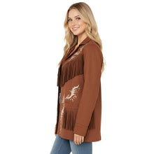 Load image into Gallery viewer, Women Brown Suede Western Jacket With Fringe in Handmade Embroidered Moto Style
