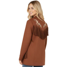 Load image into Gallery viewer, Women Brown Suede Western Jacket With Fringe in Handmade Embroidered Moto Style
