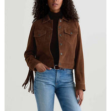 Load image into Gallery viewer, Women Dark Beige Suede Leather Fringe Jacket with Boho Longline Style
