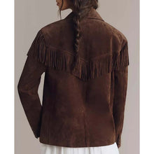 Load image into Gallery viewer, Women Dark Brown Suede Leather Fringe Jacket with Boho Longline Style
