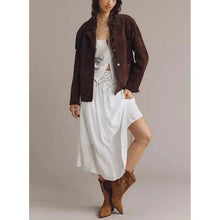 Load image into Gallery viewer, Women Dark Brown Suede Leather Fringe Jacket with Boho Longline Style
