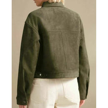 Load image into Gallery viewer, Women Green Suede Leather Trucker Jacket with Zip Front Style
