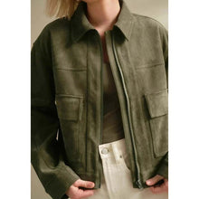 Load image into Gallery viewer, Women Green Suede Leather Trucker Jacket with Zip Front Style
