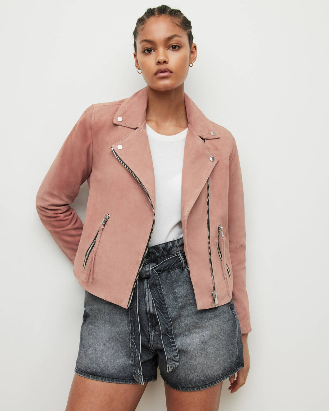 Women Pink Suede Leather Biker Jacket