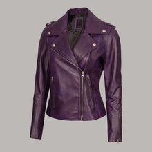 Load image into Gallery viewer, Women Purple Lambskin Leather Biker Jacket
