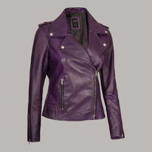 Load image into Gallery viewer, Women Purple Lambskin Leather Biker Jacket
