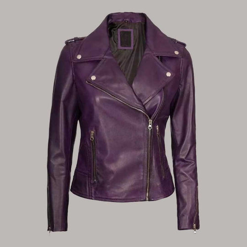 Women Purple Lambskin Leather Biker Jacket