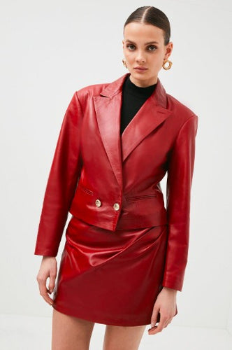 Women Red Leather Blazer