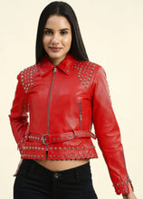 Load image into Gallery viewer, Women Red Studded Leather Jacket
