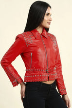 Load image into Gallery viewer, Women Red Studded Leather Jacket
