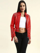 Load image into Gallery viewer, Women Red Studded Leather Jacket
