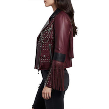 Load image into Gallery viewer, Women Black Faux Leather Biker Jacket In Brando Style With Studded Fringe Detail
