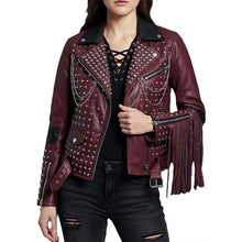 Load image into Gallery viewer, Women Black Faux Leather Biker Jacket In Brando Style With Studded Fringe Detail
