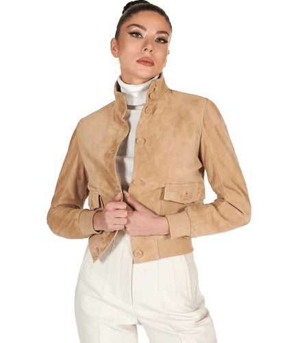 Women Tan Brown Suede Leather Trucker Jacket