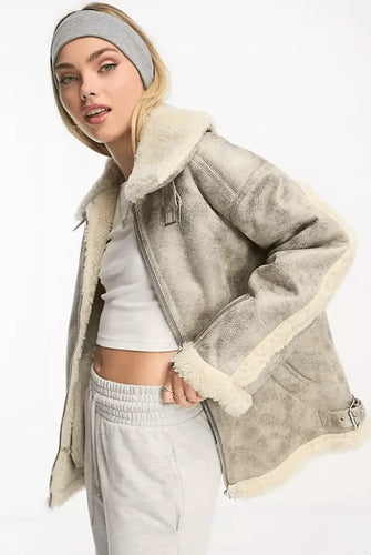Women White Distressed Bomber Leather Jacket