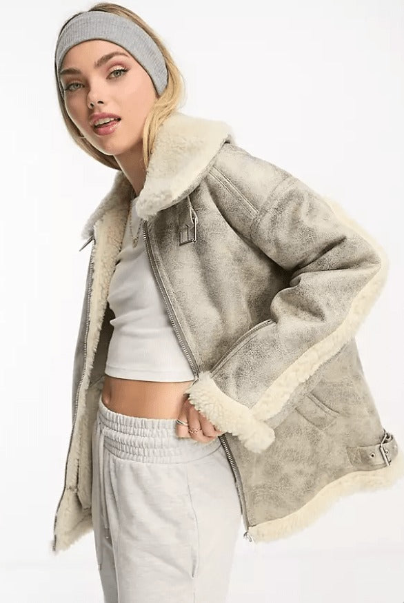 Women White Distressed Bomber Leather Jacket