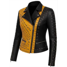 Load image into Gallery viewer, Women's Yellow and Black Real Leather Biker Jacket with Metal Studded Punk Rock Style
