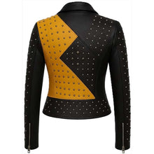 Load image into Gallery viewer, Women's Yellow and Black Real Leather Biker Jacket with Metal Studded Punk Rock Style
