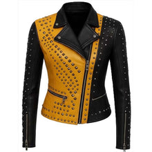Load image into Gallery viewer, Women's Yellow and Black Real Leather Biker Jacket with Metal Studded Punk Rock Style
