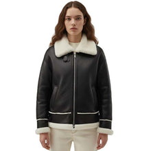 Load image into Gallery viewer, Side view of women's black B3 aviator jacket with buckle collar

