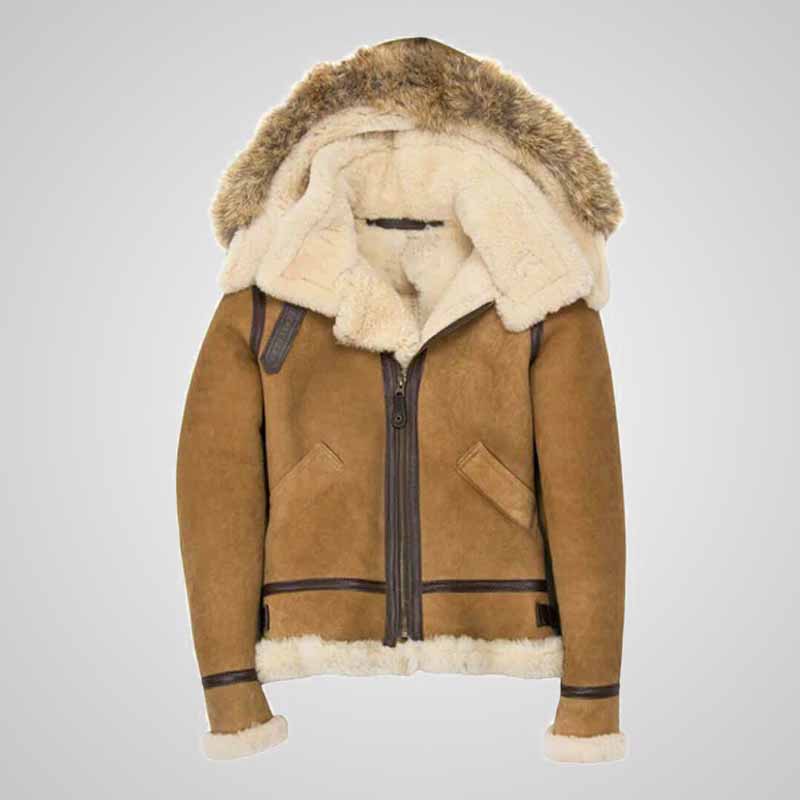 Women’s B3 Leather Bomber Jacket with Fur Hood - Brown & Black