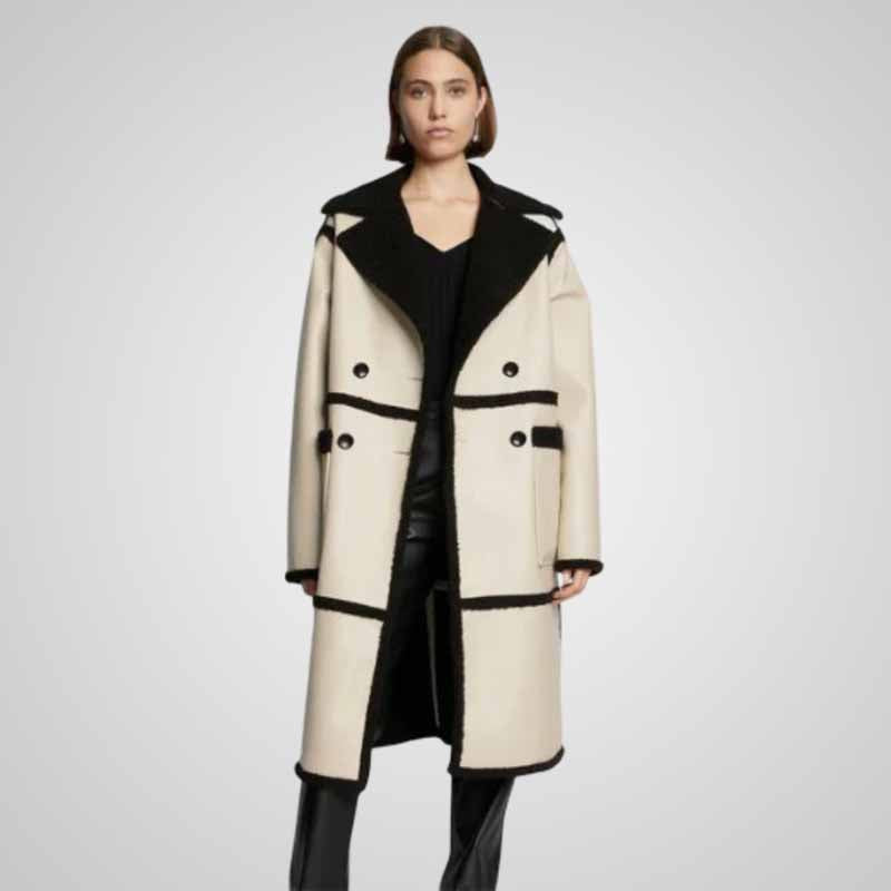 Women's Beige Shearling Leather Trench Coat with Fur Collar