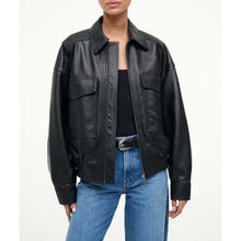 Load image into Gallery viewer, Women's Black Pure Lambskin Leather Bomber Jacket with Oversized Biker Style
