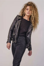 Load image into Gallery viewer, Women&#39;s Black Leather Biker Jacket with Silver Spiked Studs
